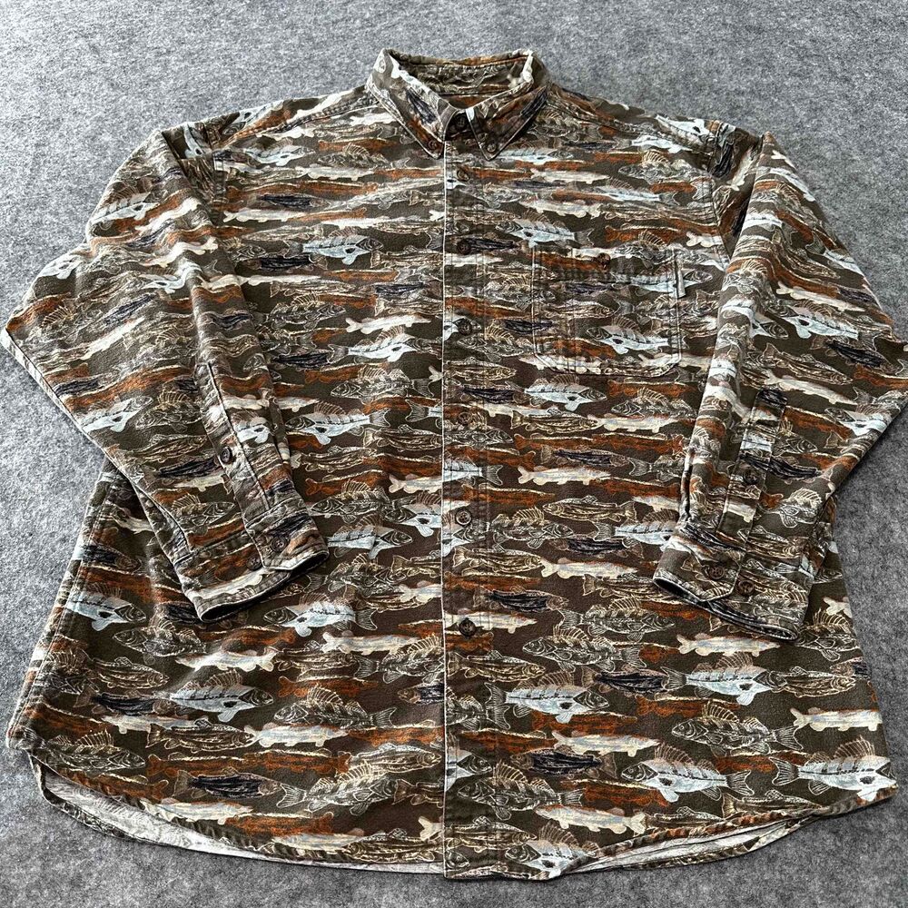 Woolrich Flannel Shirt Mens Large Multicolor Olive Woodblock Fish Outdoors - Picture 2 of 12